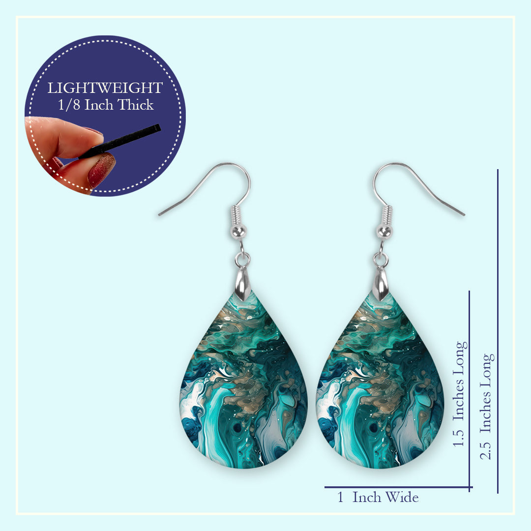 Teal & Green Paint Pour Teardrop Earrings – Lightweight Abstract Dangles