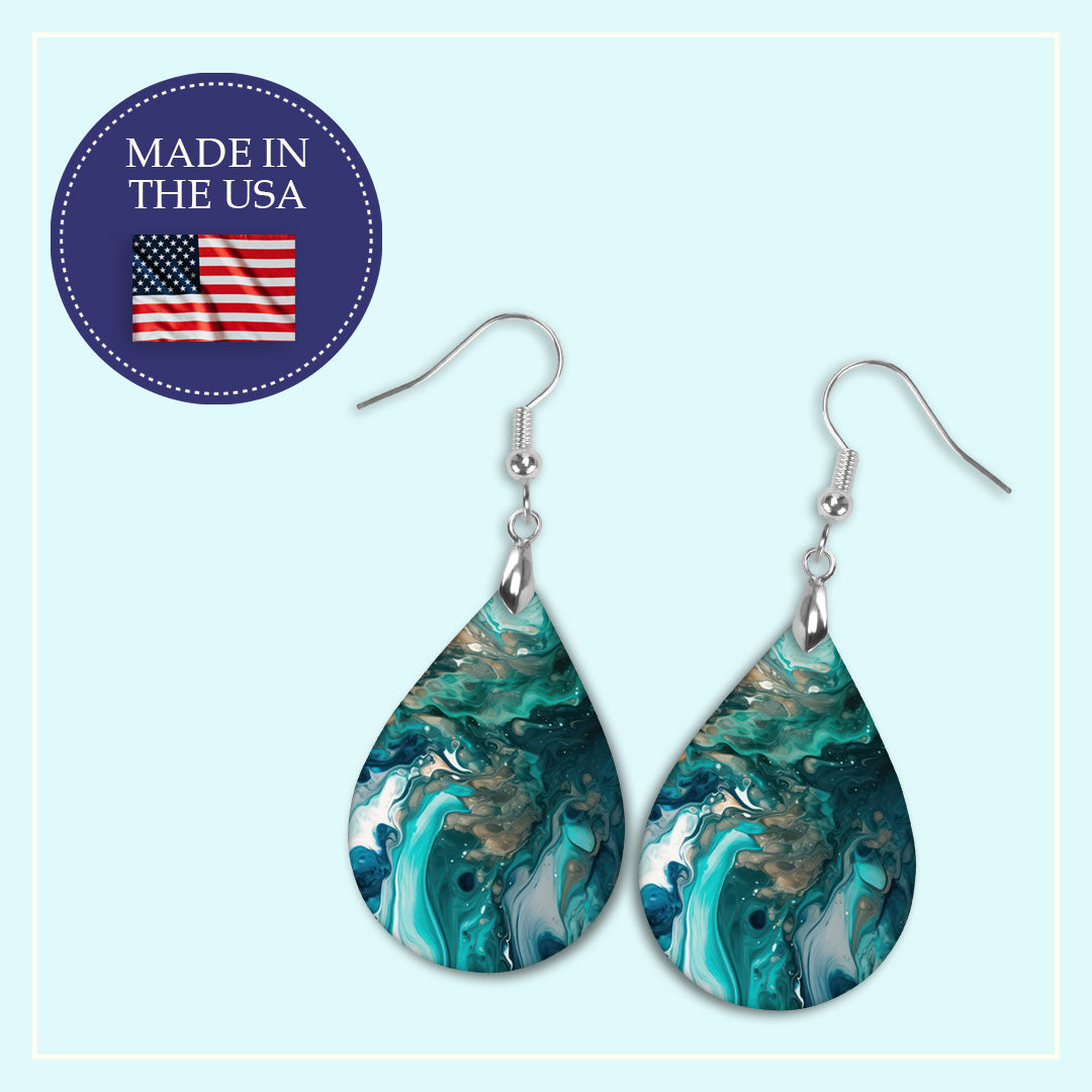 Teal & Green Paint Pour Teardrop Earrings – Lightweight Abstract Dangles