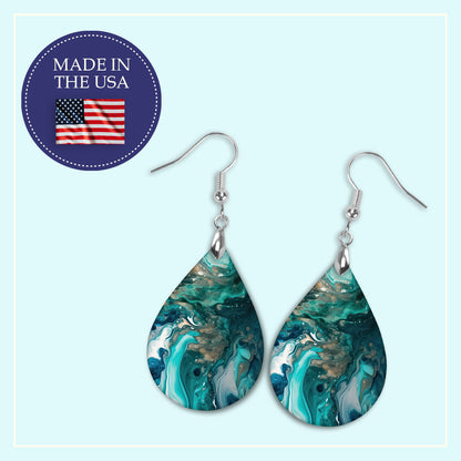 Teal & Green Paint Pour Teardrop Earrings – Lightweight Abstract Dangles