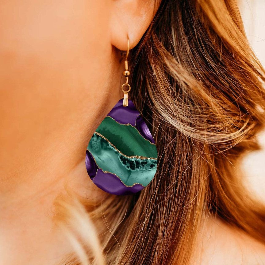 Purple & Green Teardrop Dangle Earrings – Handmade in Two Sizes