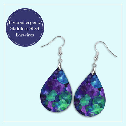 Purple & Green Watercolor Teardrop Earrings – Handmade in Two Sizes