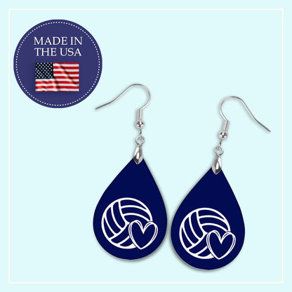 Volleyball Mom Navy Blue and White Varsity Volleyball Teardrop Earrings