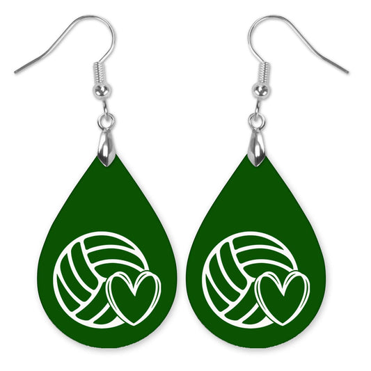 Volleyball Mom Green and White Varsity Volleyball Teardrop Earrings