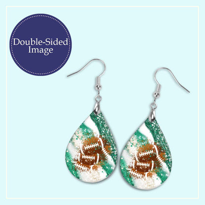 Handmade Green and White Football Themed Teardrop Earrings