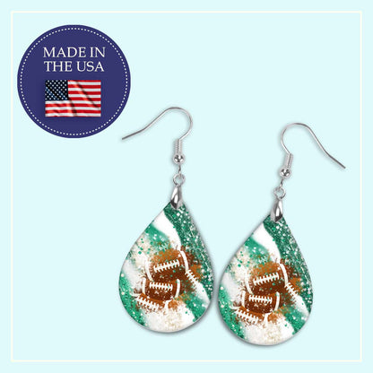 Handmade Green and White Football Themed Teardrop Earrings