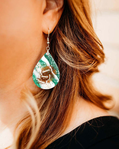Handmade Green and White Football Themed Teardrop Earrings