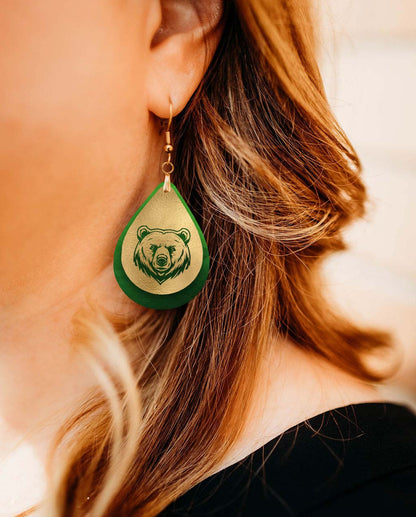 Handmade Green and Gold School Spirit Earrings: Football & Bears Mascot Themed