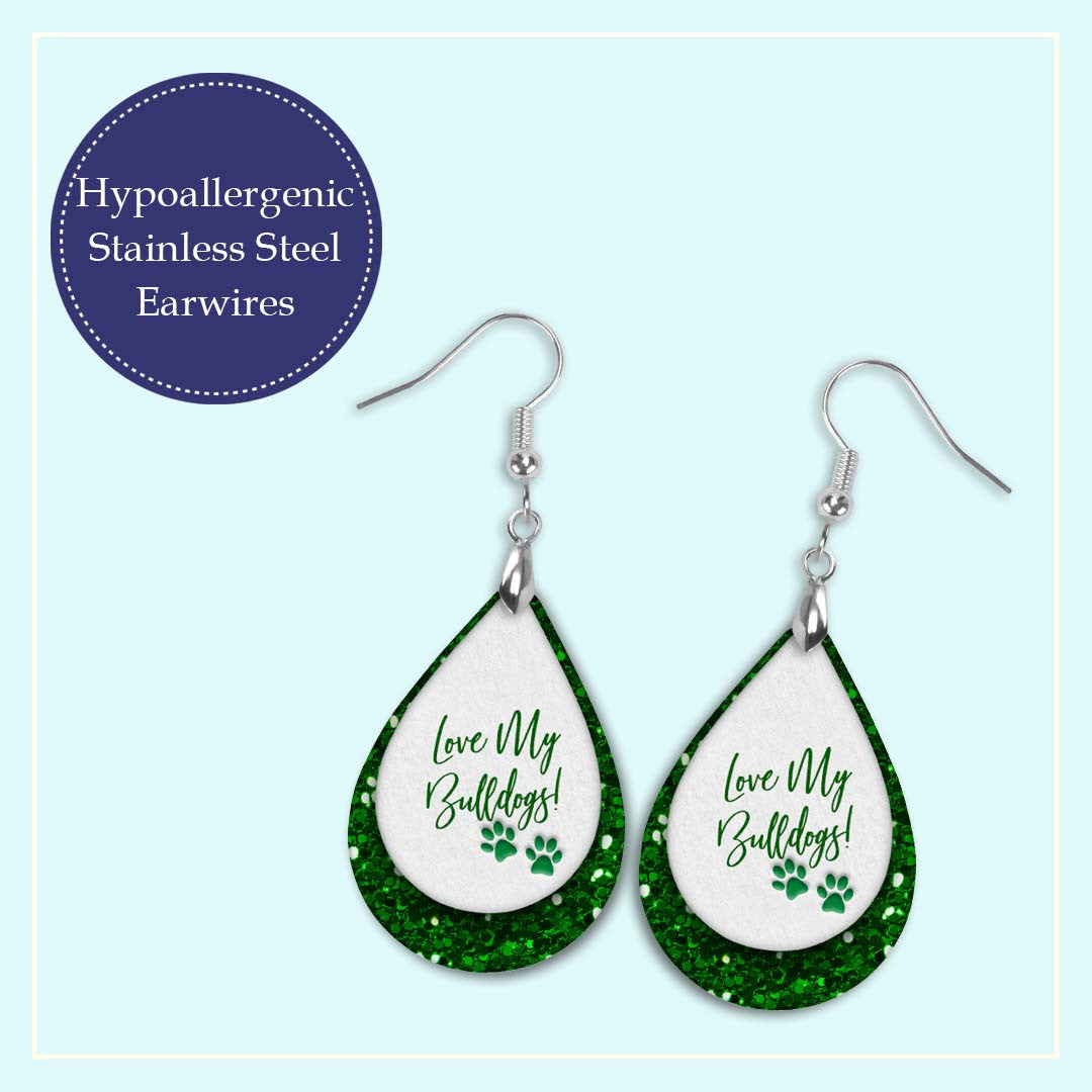 Handmade Green and White Earrings, Bulldog School Spirit Jewelry, Football Gameday Earrings