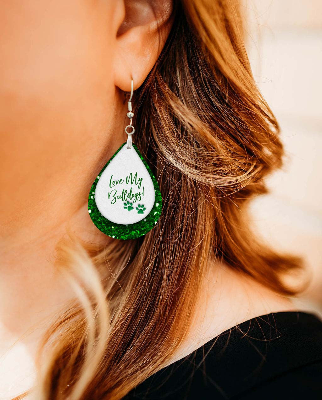 Handmade Green and White Earrings, Bulldog School Spirit Jewelry, Football Gameday Earrings