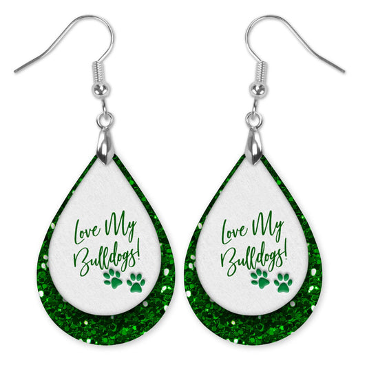 Handmade Green and White Earrings, Bulldog School Spirit Jewelry, Football Gameday Earrings