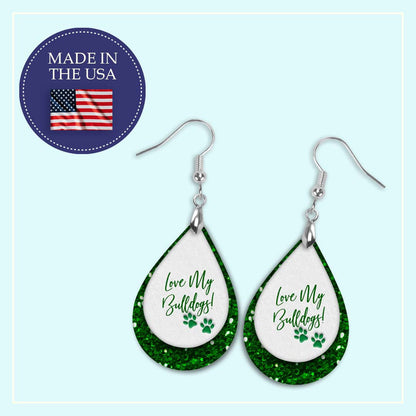 Handmade Green and White Earrings, Bulldog School Spirit Jewelry, Football Gameday Earrings
