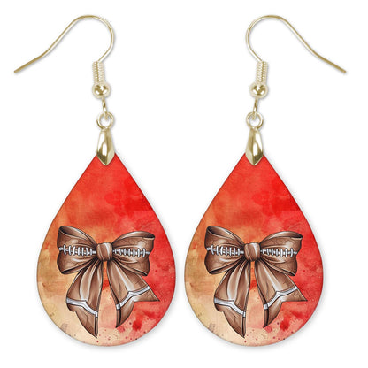 Football Earrings Coquette Bow Red Gold Dangle MDF Wood Gameday Jewelry