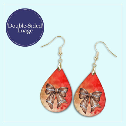 Football Earrings Coquette Bow Red Gold Dangle MDF Wood Gameday Jewelry