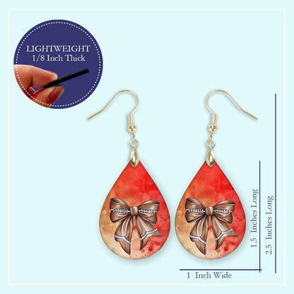 Football Earrings Coquette Bow Red Gold Dangle MDF Wood Gameday Jewelry