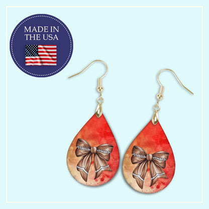 Football Earrings Coquette Bow Red Gold Dangle MDF Wood Gameday Jewelry