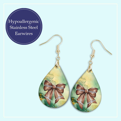 Coquette Bow Green Gold Dangle Football Earrings - MDF Wood Gameday Jewelry