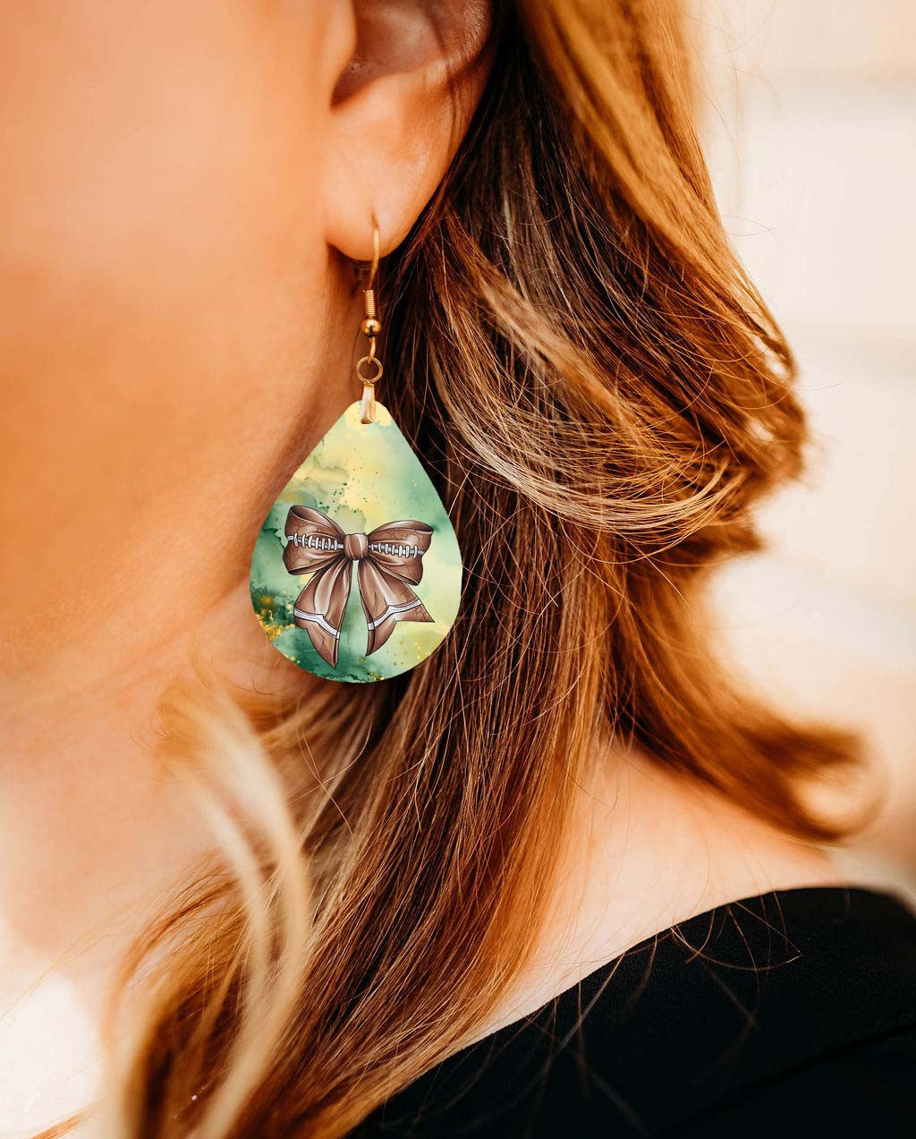 Coquette Bow Green Gold Dangle Football Earrings - MDF Wood Gameday Jewelry