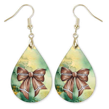Coquette Bow Green Gold Dangle Football Earrings - MDF Wood Gameday Jewelry