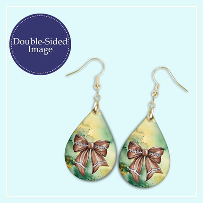 Coquette Bow Green Gold Dangle Football Earrings - MDF Wood Gameday Jewelry