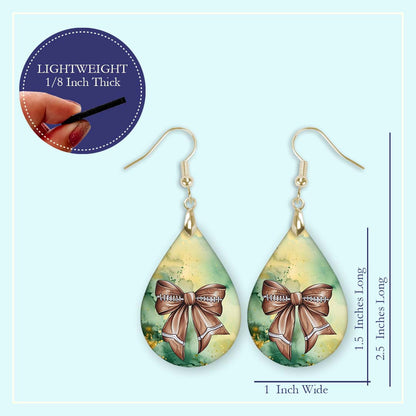 Coquette Bow Green Gold Dangle Football Earrings - MDF Wood Gameday Jewelry
