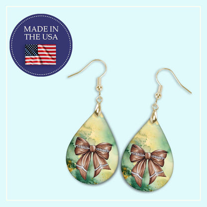 Coquette Bow Green Gold Dangle Football Earrings - MDF Wood Gameday Jewelry