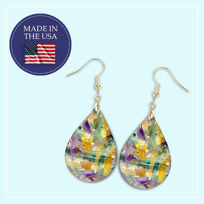 Teardrop Earrings Purple Gold MDF for Wood Mardi Gras Celebrations
