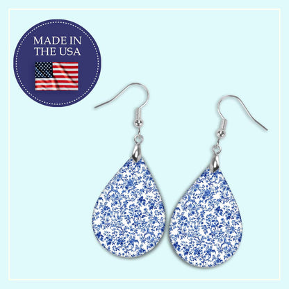 Blue Chinoiserie Toile Teardrop Earrings