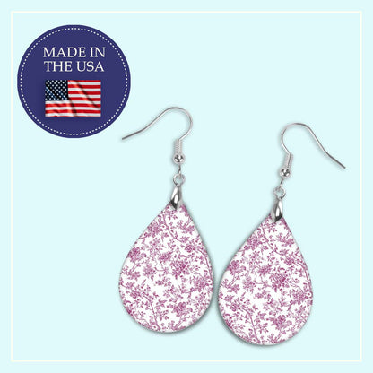 Pink Chinoiserie Toile Acrylic Teardrop Earrings