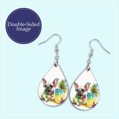 French Bulldog Dangle Earrings in White Teal Tropical MDF Wood - Perfect Gift for Dog Lovers