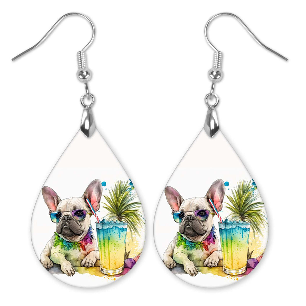 French Bulldog Teardrop Earrings – White and Teal Tropical — The Painted Pug