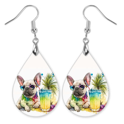French Bulldog Dangle Earrings in White Teal Tropical MDF Wood - Perfect Gift for Dog Lovers