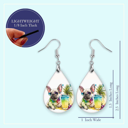French Bulldog Dangle Earrings in White Teal Tropical MDF Wood - Perfect Gift for Dog Lovers