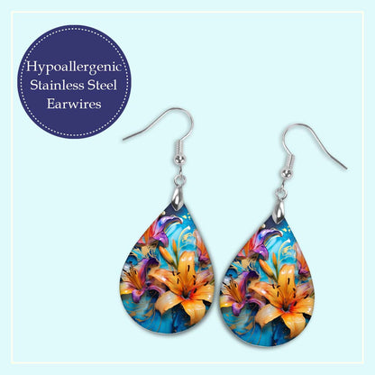 Floral Teal Pink Dangle Earrings - Boho MDF Wood Lily Design for Mother's Day Gifts