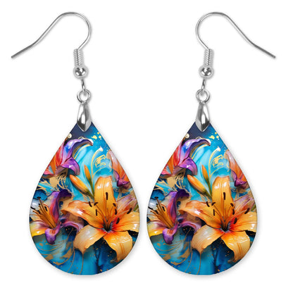 Floral Teal Pink Dangle Earrings - Boho MDF Wood Lily Design for Mother's Day Gifts