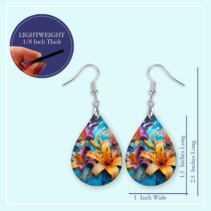 Floral Teal Pink Dangle Earrings - Boho MDF Wood Lily Design for Mother's Day Gifts