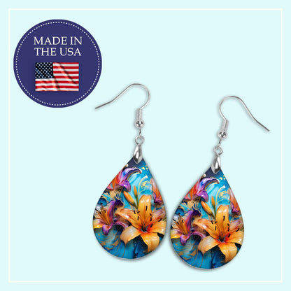 Floral Teal Pink Dangle Earrings - Boho MDF Wood Lily Design for Mother's Day Gifts