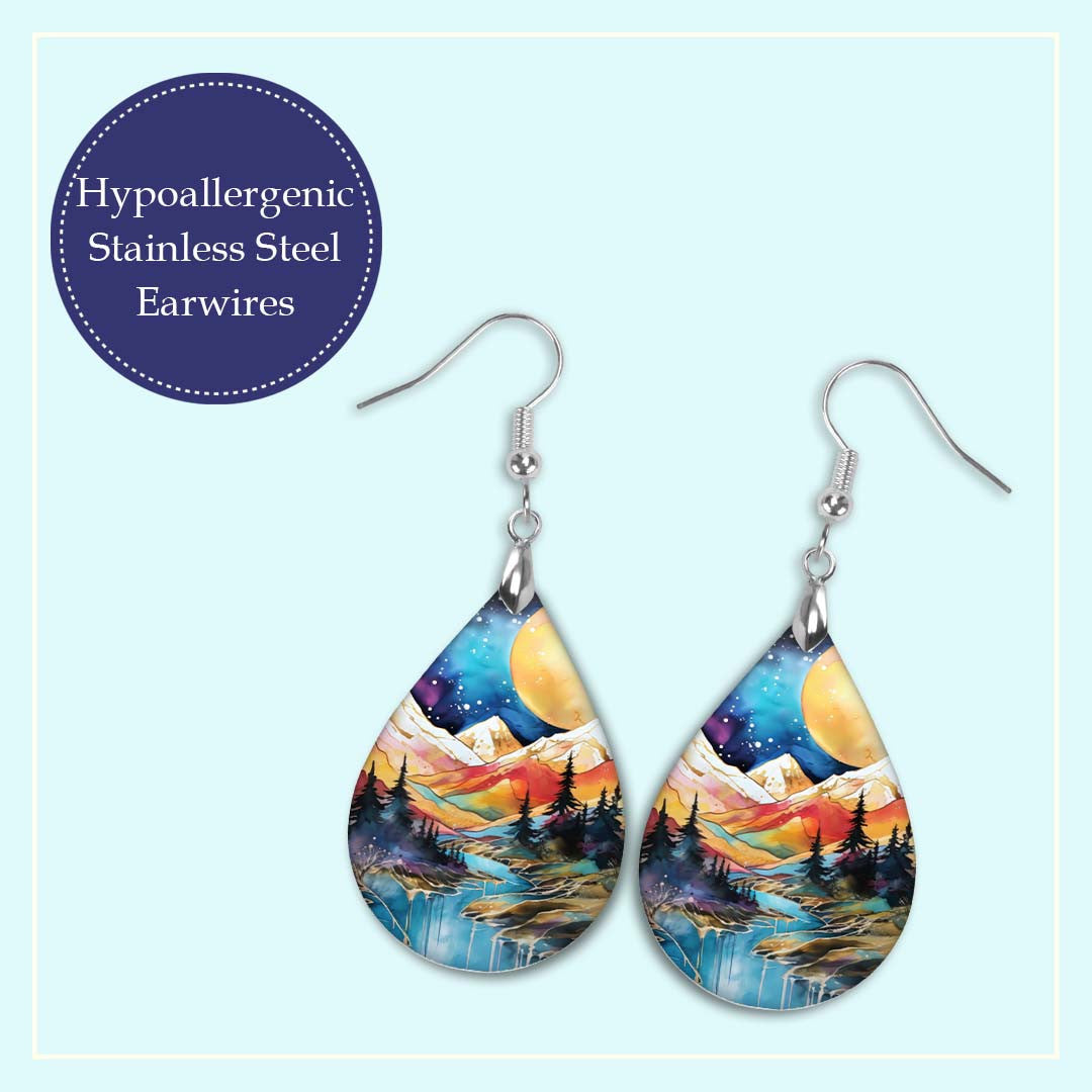 Mountain Earrings Blue Orange Dangle Boho MDF Wood Nature Inspired