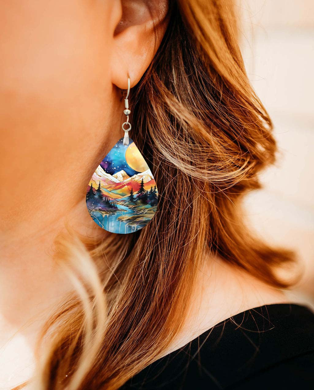 Mountain Earrings Blue Orange Dangle Boho MDF Wood Nature Inspired