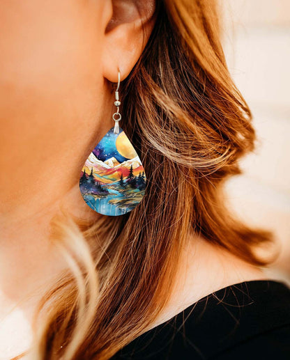 Mountain Earrings Blue Orange Dangle Boho MDF Wood Nature Inspired