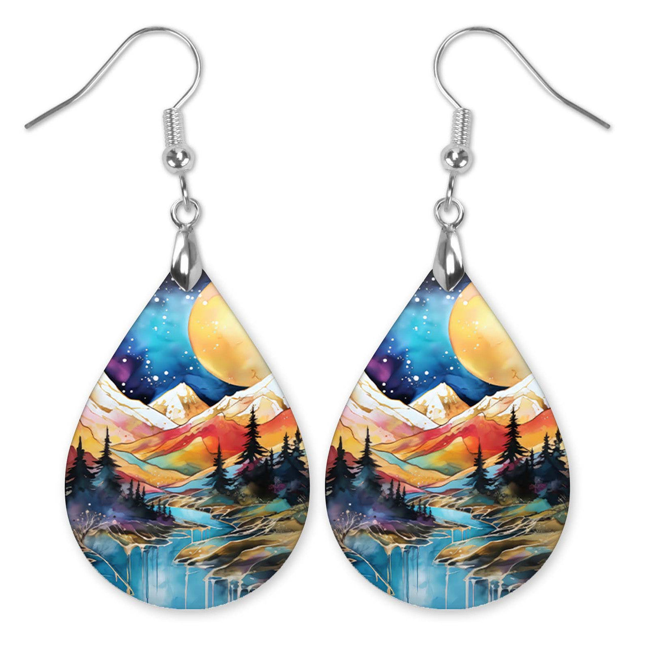 Mountain Earrings Blue Orange Dangle Boho MDF Wood Nature Inspired