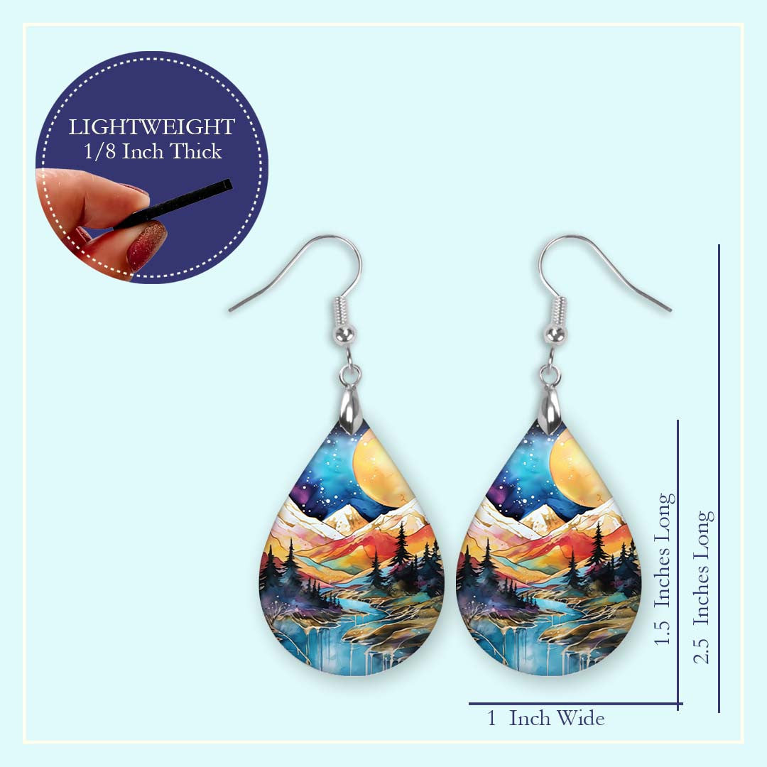 Mountain Earrings Blue Orange Dangle Boho MDF Wood Nature Inspired