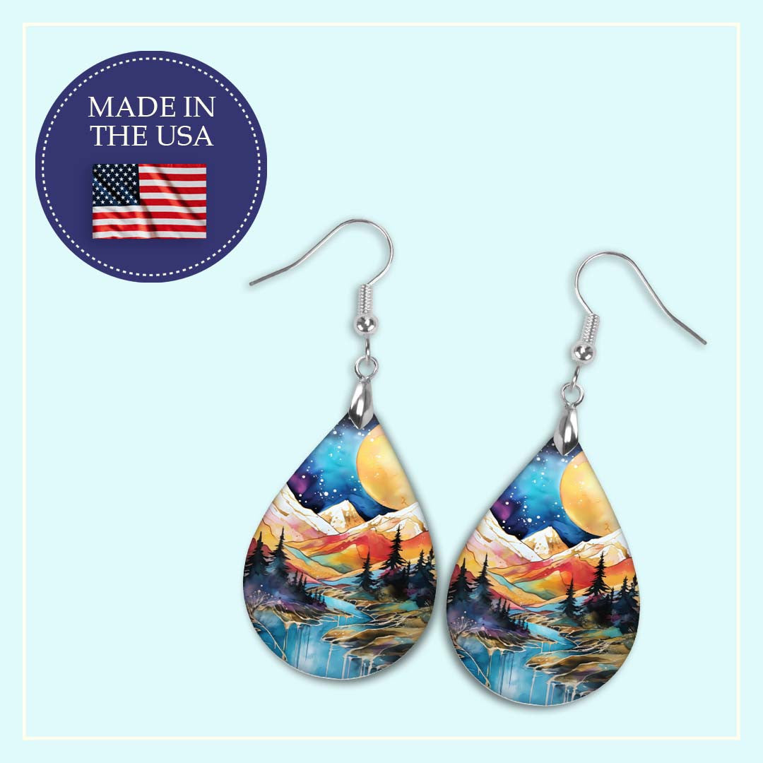 Mountain Earrings Blue Orange Dangle Boho MDF Wood Nature Inspired