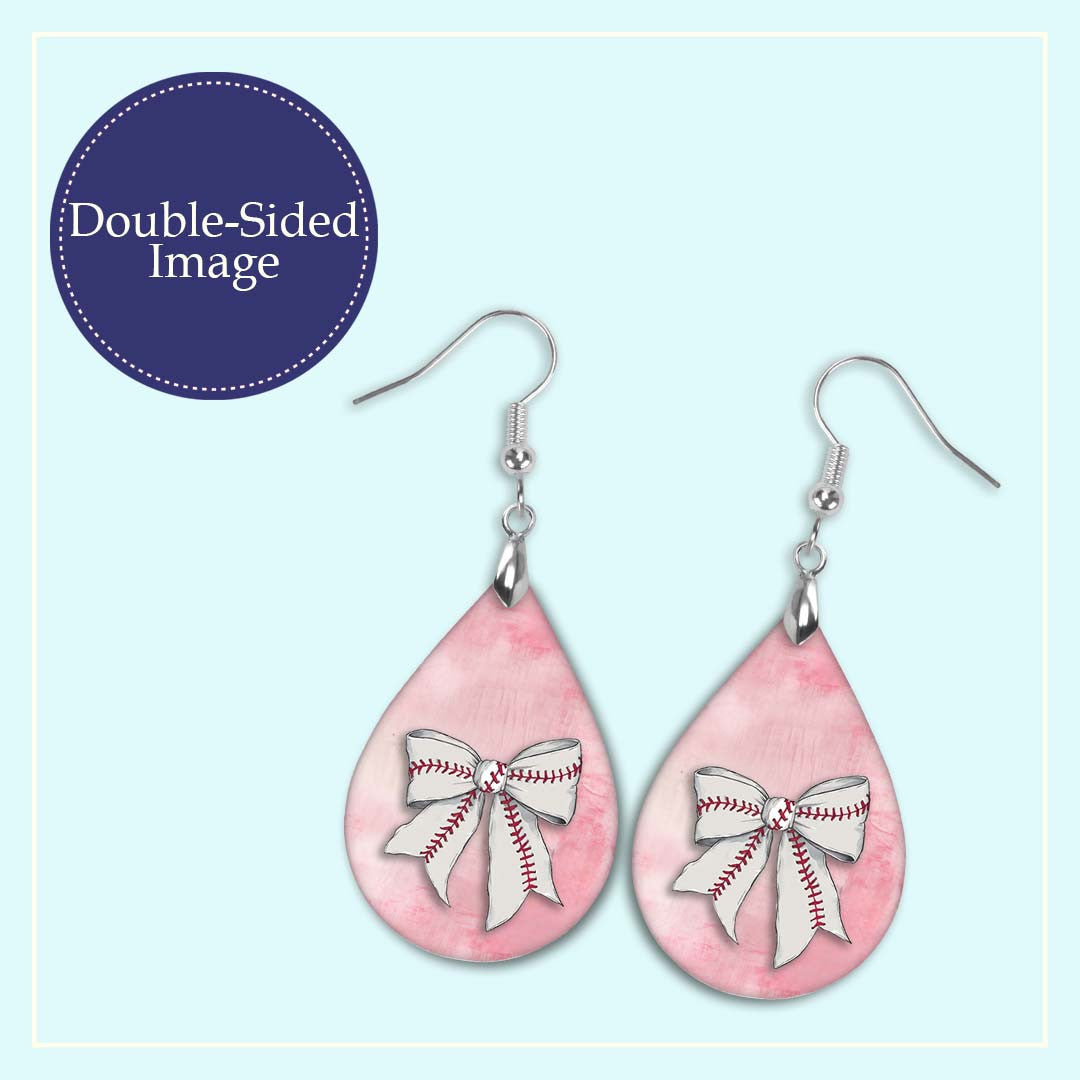 Baseball Earrings Pink Dangle Boho Coquette Bow Printed Wood
