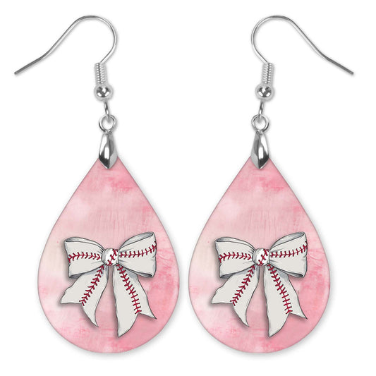Baseball Earrings Pink Dangle Boho Coquette Bow Printed Wood