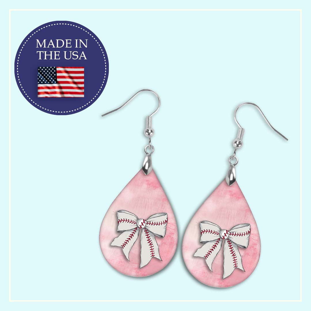 Baseball Earrings Pink Dangle Boho Coquette Bow Printed Wood