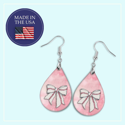 Baseball Earrings Pink Dangle Boho Coquette Bow Printed Wood