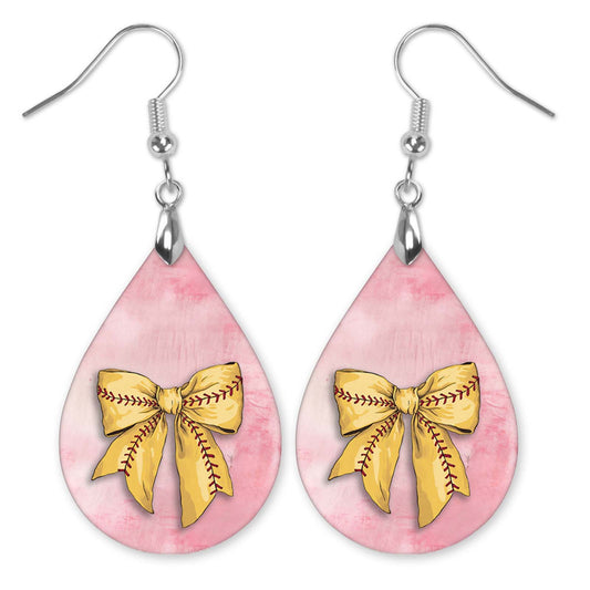 Softball Earrings Pink Dangle Boho - Printed Wood Coquette