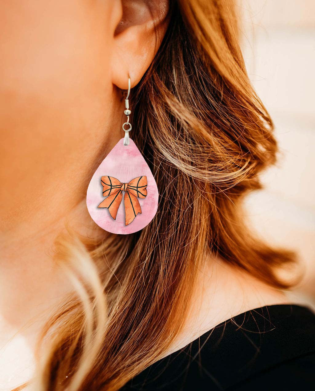 Basketball Earrings Pink Dangle Boho | Printed Wood Coquette