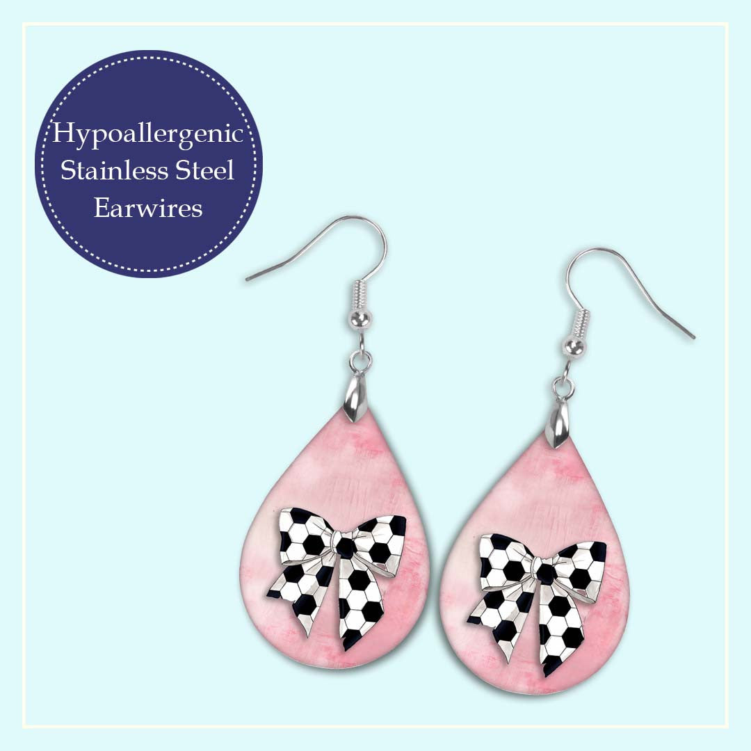 Pink Soccer Dangle Earrings, Boho Printed Wood, Coquette Bow