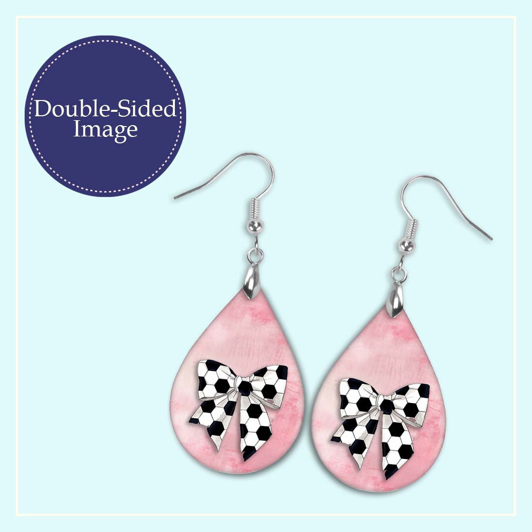 Pink Soccer Dangle Earrings, Boho Printed Wood, Coquette Bow